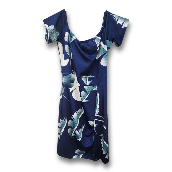 Blue Tropical Floral Drape Front Dress - Picture 1 of 8